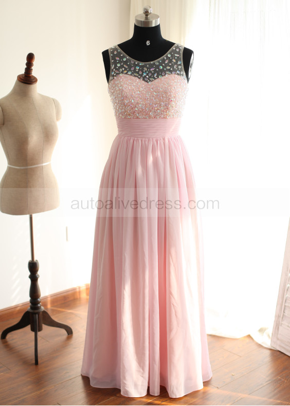 Pink Chiffon Beading Sheer See Through Back Prom Dress